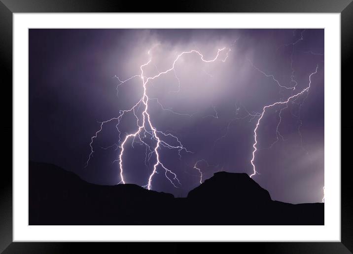 lightning over Castle Butte Framed Mounted Print by Dave Reede