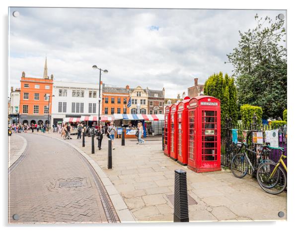 Red phone boxes next to Cambridge market Acrylic by Jason Wells