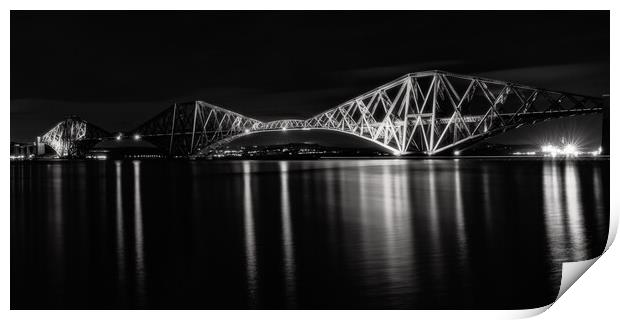 The Forth Bridge at night in Black and White  Print by Anthony McGeever