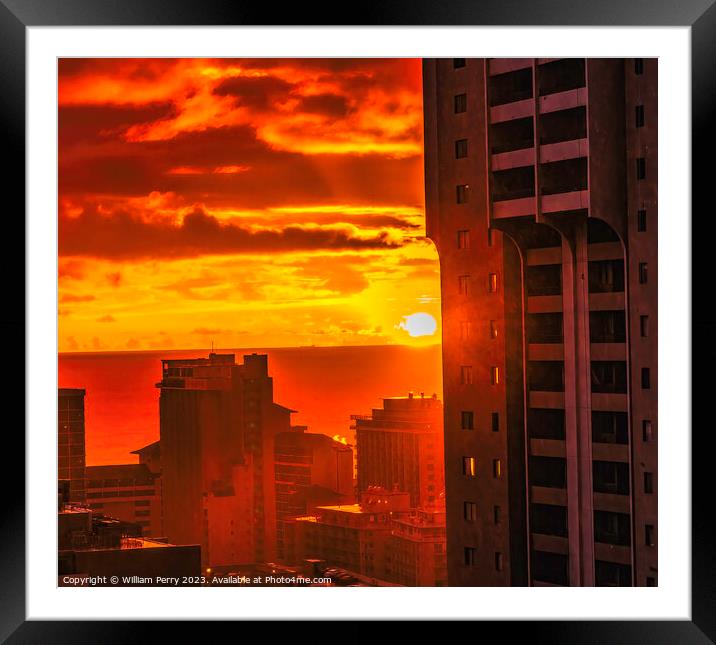 Colorful Sunset Pacific Ocean Buildings Waikiki Honolulu Hawaii Framed Mounted Print by William Perry
