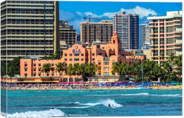 Colorful Hotels Swimmers Surfers Waikiki Beach Honolulu Hawaii Canvas Print by William Perry