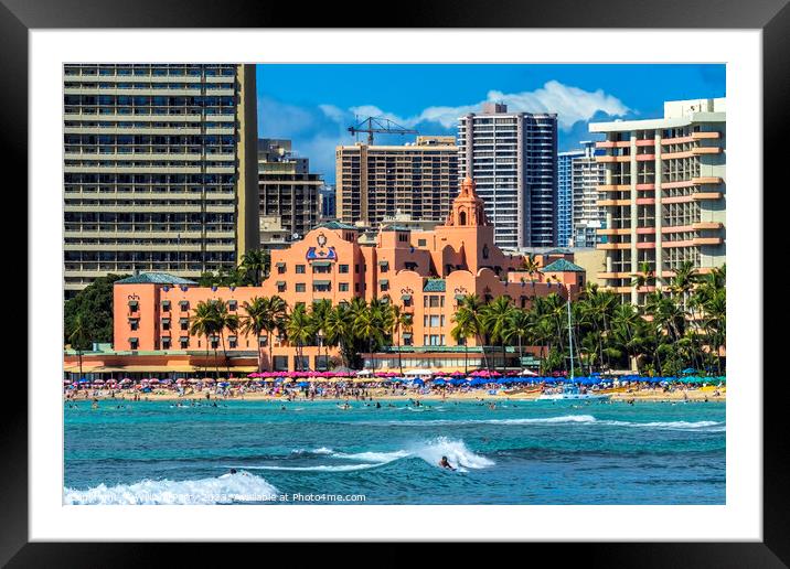 Colorful Hotels Swimmers Surfers Waikiki Beach Honolulu Hawaii Framed Mounted Print by William Perry
