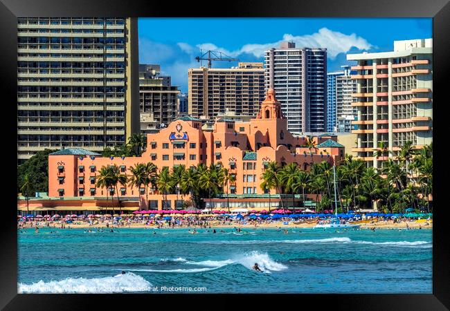 Colorful Hotels Swimmers Surfers Waikiki Beach Honolulu Hawaii Framed Print by William Perry