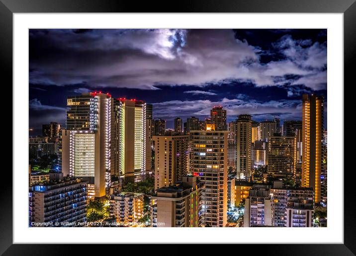 Night Illuminated Buildings Moon Waikiki Honolulu Hawaii Framed Mounted Print by William Perry