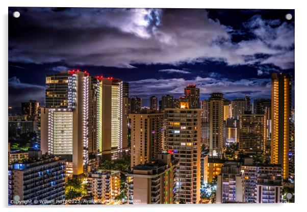 Night Illuminated Buildings Moon Waikiki Honolulu Hawaii Acrylic by William Perry