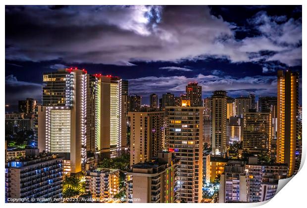 Night Illuminated Buildings Moon Waikiki Honolulu Hawaii Print by William Perry