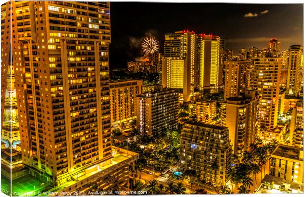 Fireworks Night Illuminated Buildings Waikiki Honolulu Hawaii Canvas Print by William Perry