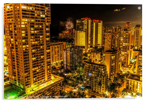 Fireworks Night Illuminated Buildings Waikiki Honolulu Hawaii Acrylic by William Perry