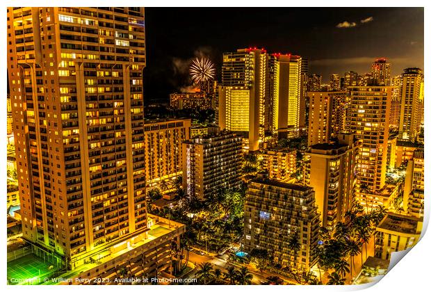 Fireworks Night Illuminated Buildings Waikiki Honolulu Hawaii Print by William Perry
