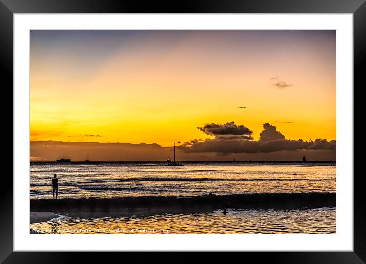 Colorful Sunset Pacific Ocean Waikiki Honolulu Hawaii Framed Mounted Print by William Perry