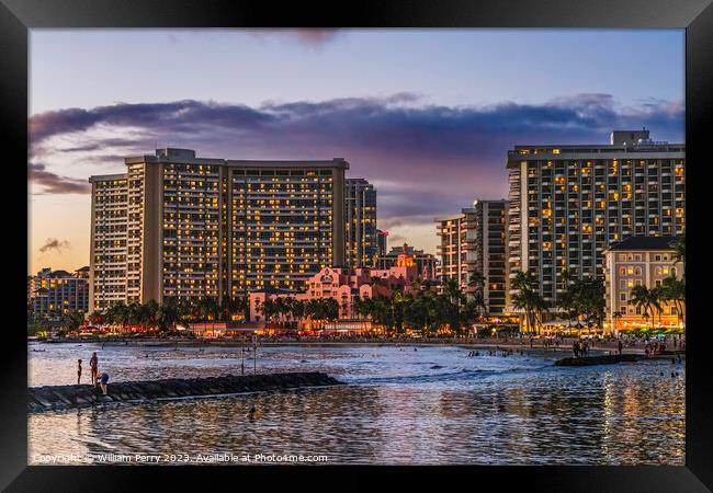 Sunset Ocean Buildings Waikiki Honolulu Hawaii Framed Print by William Perry