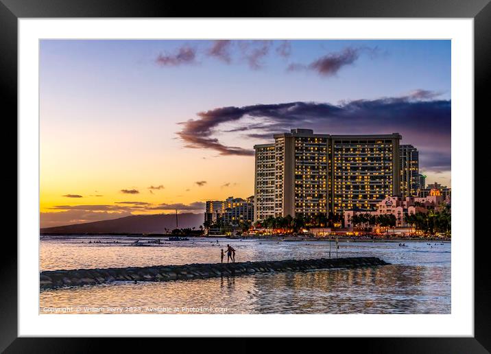 Colorful Sunset Breakwater Tourists Pacific Ocean Buildings Waik Framed Mounted Print by William Perry