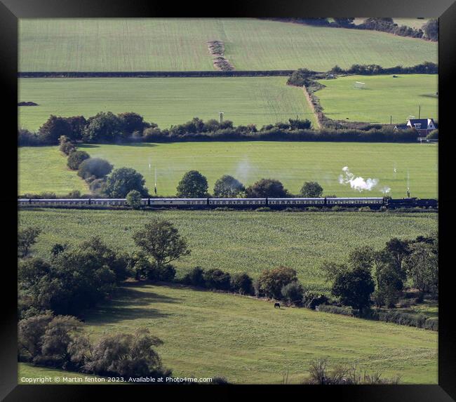 Steam train through the Cotswolds  Framed Print by Martin fenton