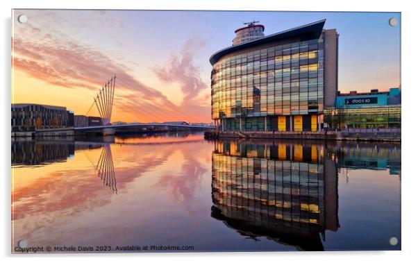Salford Quays Reflections, Sunset Acrylic by Michele Davis