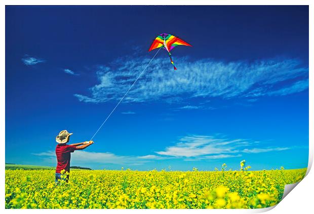 a farm girl flies a kite in a blooming canola field Print by Dave Reede