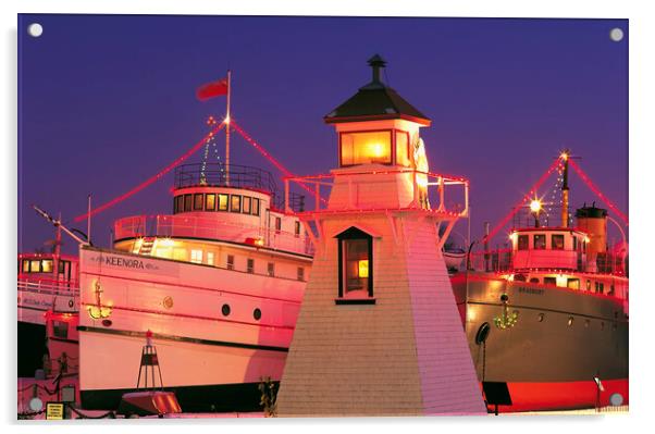 Christmas lights on ships and lighhouse Acrylic by Dave Reede