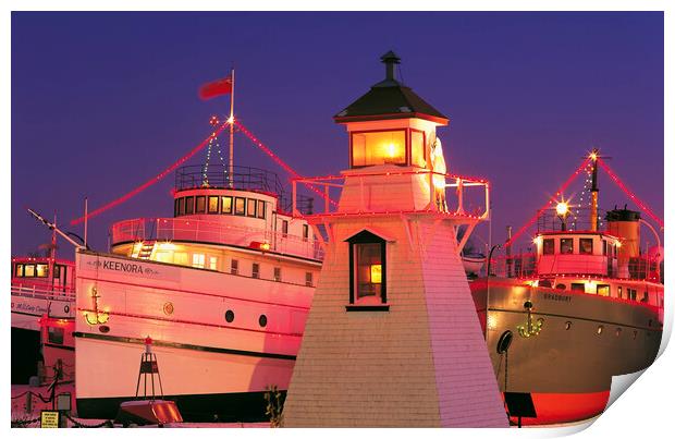 Christmas lights on ships and lighhouse Print by Dave Reede