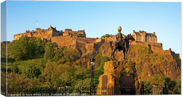 Edinburgh Castle and The Royal Scots Greys monumen Canvas Print by Arch White