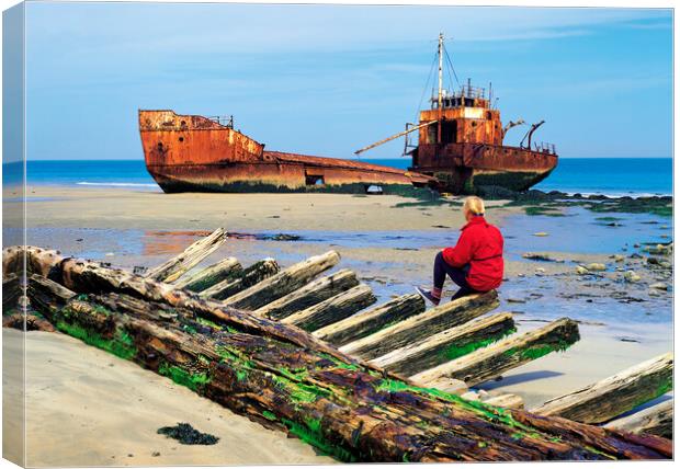 woman sitting on remains of wooden shipwreck viewing shipwreck Canvas Print by Dave Reede