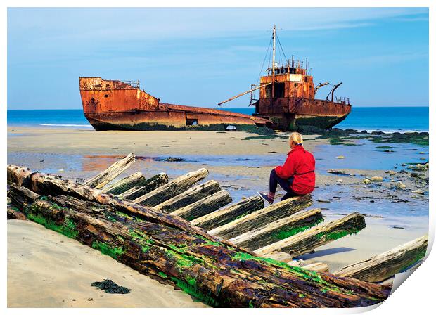 woman sitting on remains of wooden shipwreck viewing shipwreck Print by Dave Reede