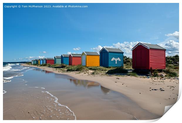Multi-Coloured Huts on Findhorn Beach Print by Tom McPherson
