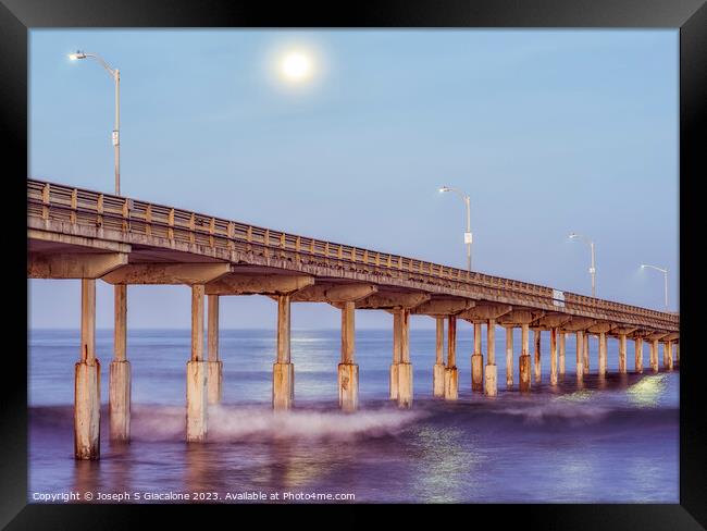 Moon Going Down - Ocean Beach Pier Framed Print by Joseph S Giacalone