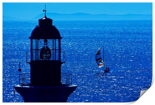 lighthouse and sailboat Print by Dave Reede