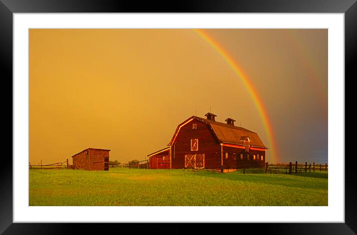 old barn and rainbow in the background Framed Mounted Print by Dave Reede