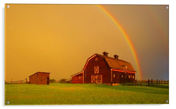 old barn and rainbow in the background Acrylic by Dave Reede