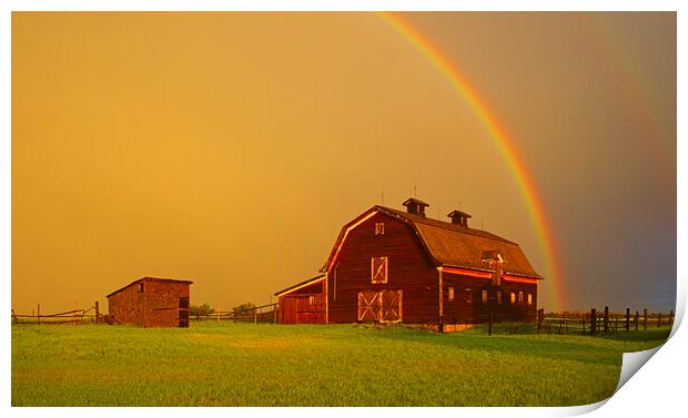 old barn and rainbow in the background Print by Dave Reede