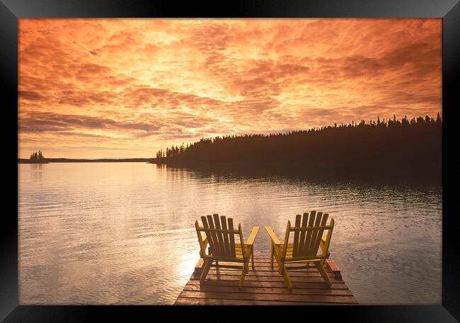 chairs on dock, Paint Lake Framed Print by Dave Reede