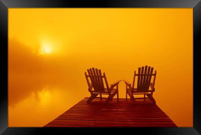 Chairs in the Early Morning Fog Framed Print by Dave Reede