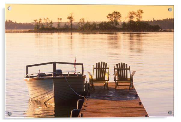 chairs on dock next to classic boat Acrylic by Dave Reede