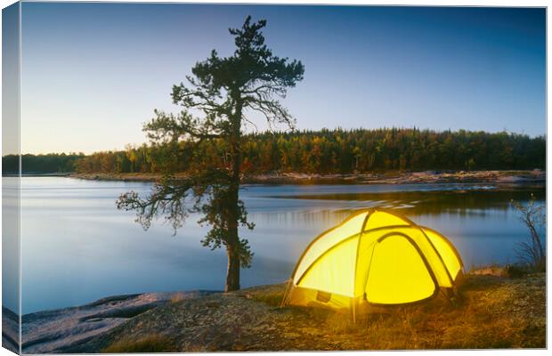 Camping Along River Canvas Print by Dave Reede