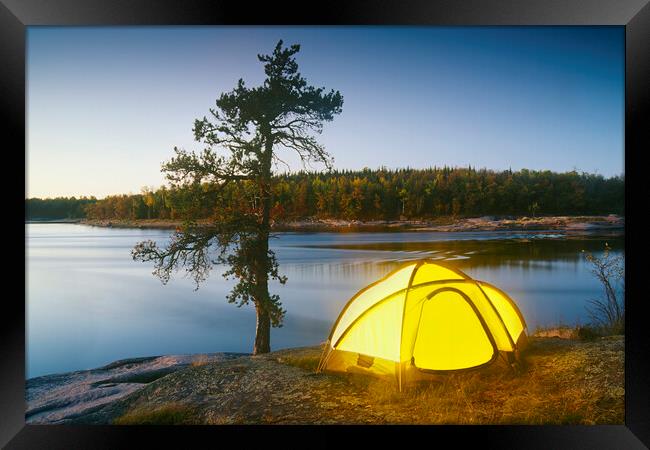 Camping Along River Framed Print by Dave Reede