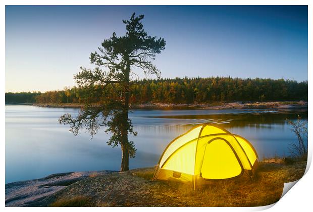 Camping Along River Print by Dave Reede