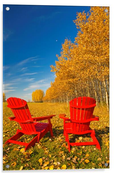 two chairs at the edge of a field with aspen in au Acrylic by Dave Reede