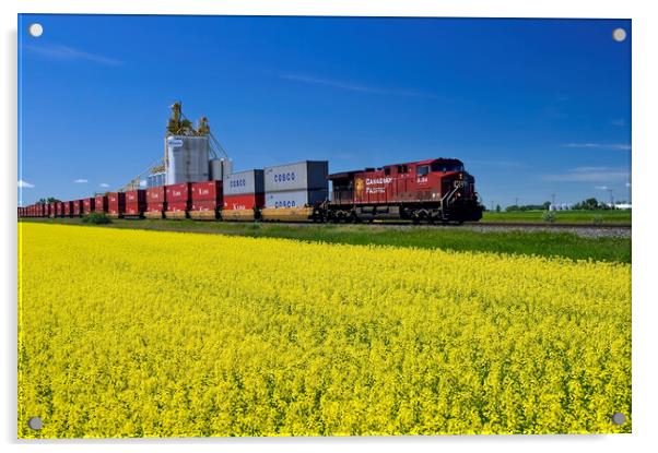 rail cars carrying containers pass a canola field and inland grain terminal Acrylic by Dave Reede