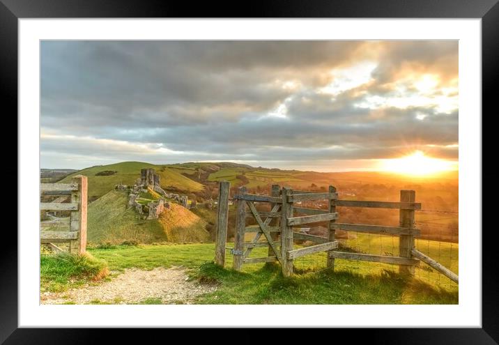 Corfe Castle gateway sunrise  Framed Mounted Print by Shaun Jacobs