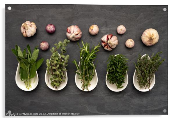 Still life, Herbs and garlic on slate Acrylic by Thomas Klee