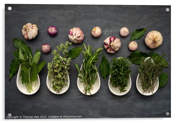 Still life, Herbs and garlic on slate Acrylic by Thomas Klee