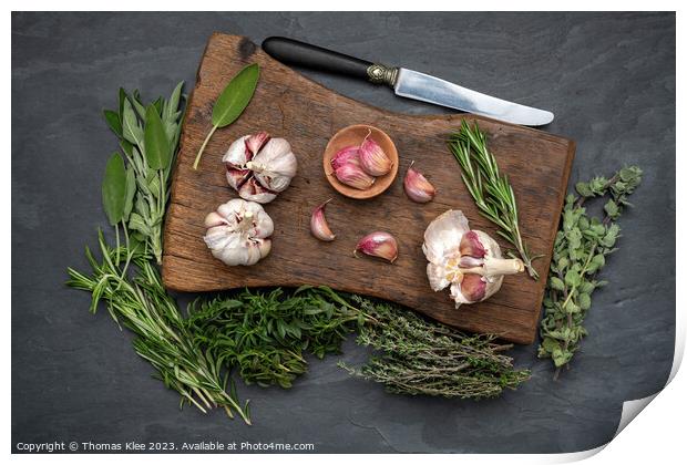 Still life, Garlic on a chopping board with herbs Print by Thomas Klee