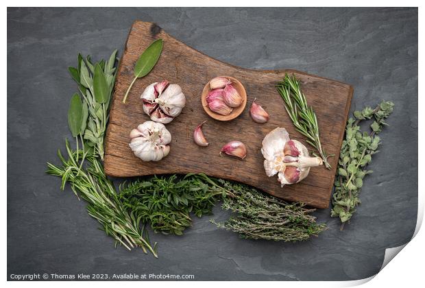 Still life, Garlic on a chopping board with herbs Print by Thomas Klee