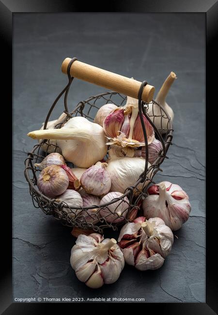Still life, Garlic in a basket on a slate plate Framed Print by Thomas Klee