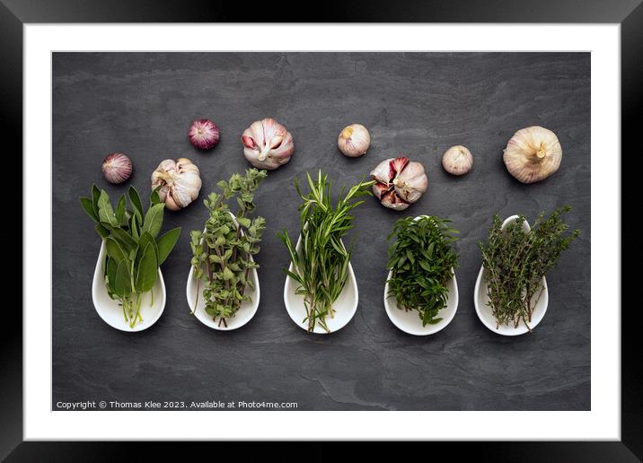 Still life, Fresh herbs in bowls an garlic on slate Framed Mounted Print by Thomas Klee