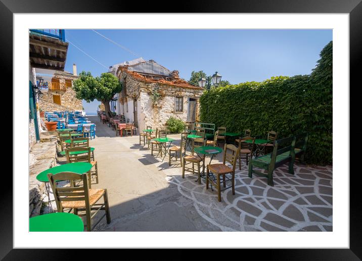Greek Outdoor dining tables on Alonissos (Sporades Framed Mounted Print by Alan Matkin