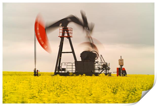 bloom stage canola field with moving oil pumpjack Print by Dave Reede