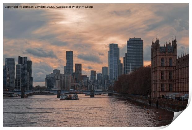 View from Westminster Bridge at sunset Print by Duncan Savidge