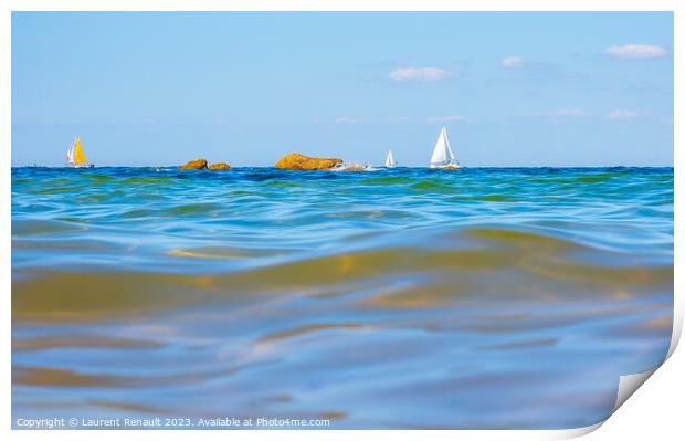 Boats and waves seen by a swimmer at sea level, photography take Print by Laurent Renault