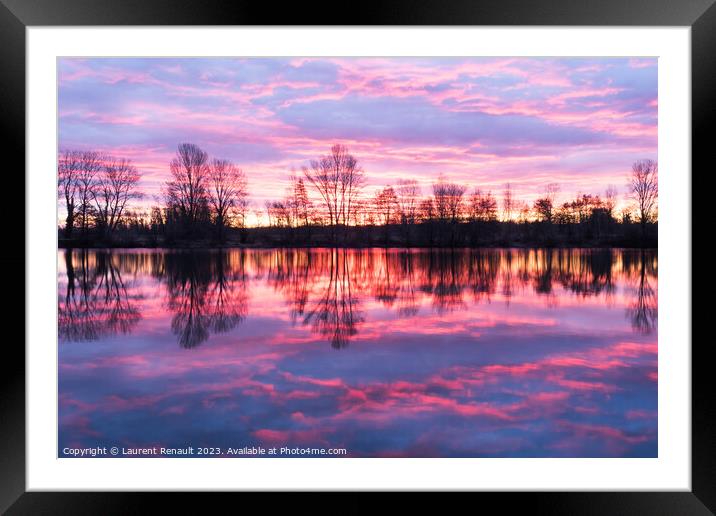 Nightscape at Adour French river in blazing red sunset. Photogra Framed Mounted Print by Laurent Renault
